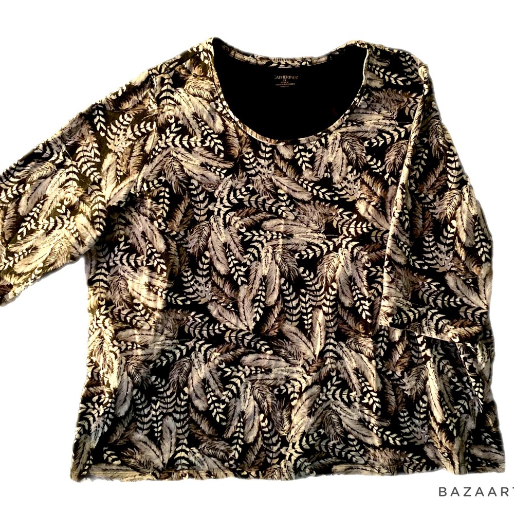 Catherines blouse black and white feather print 2X